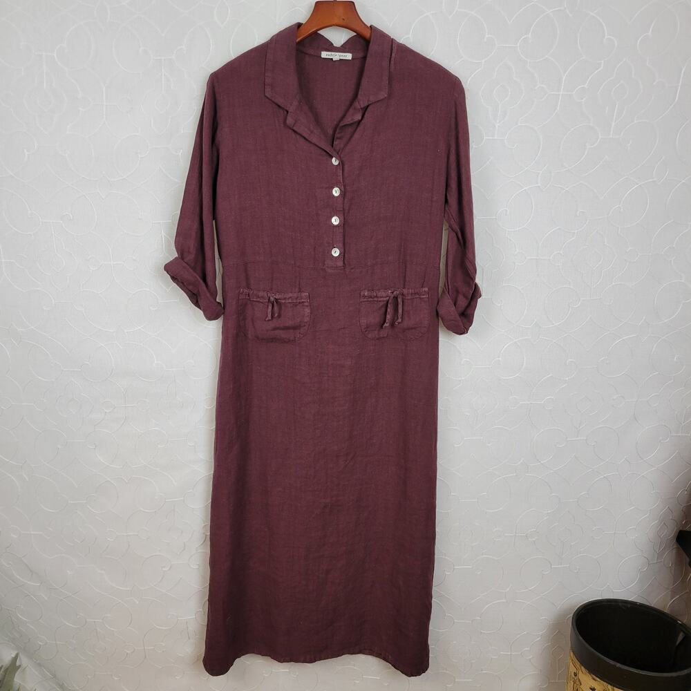 VTG Subtle Tones Linen Shirt Dress Womens S/M Purple Button Front Lagenlook Maxi